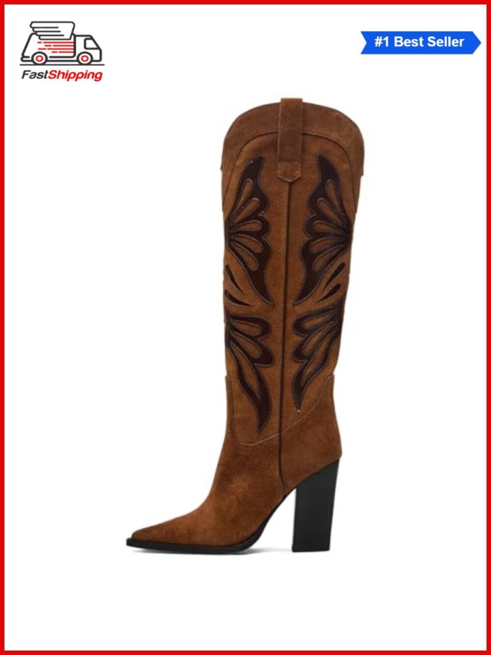 ✨ Women's Pointed Toe Chunky Heel Knee High Cowboy Boots Butterfly Embroidered